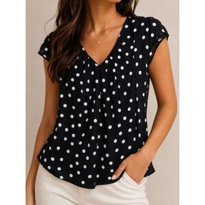 Express Black White Polka Dot Blouse Medium V-Neck Cap Sleeve Career Top